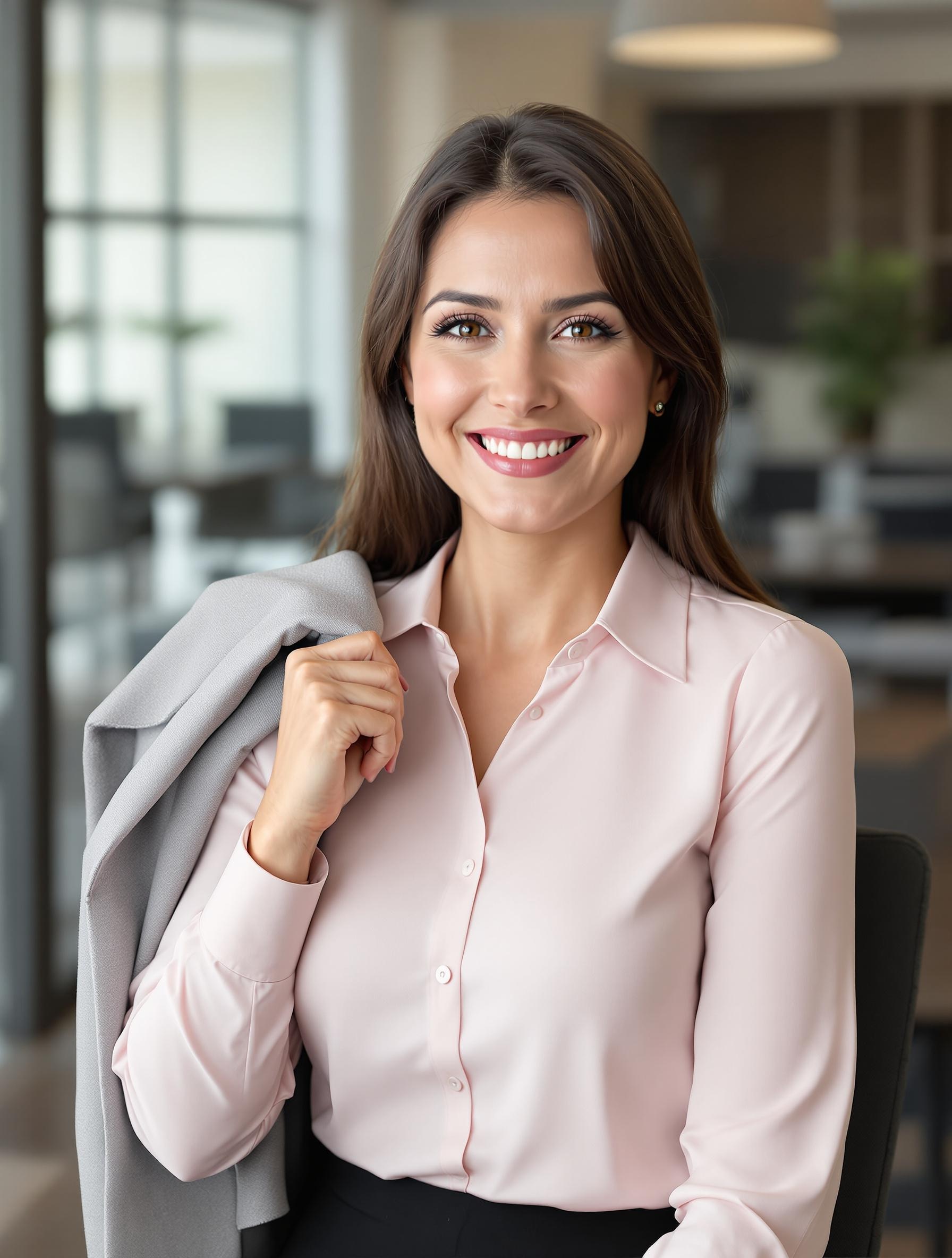 Professionelles KI-Bewerbungsfoto einer Frau im rosa Blazer